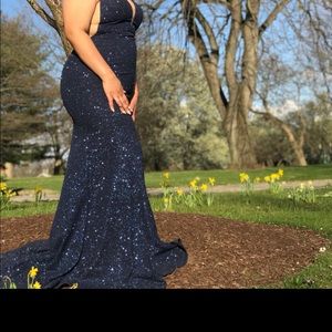 BLUE JOVANI PLUNGING NECKLINE PROM DRESS SIZE 14